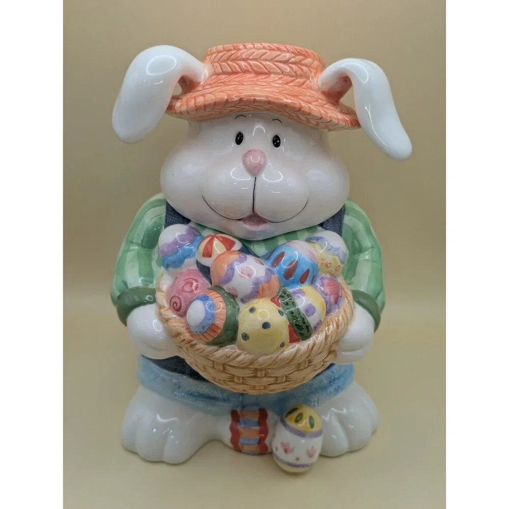 CKA Ceramic Easter Bunny Cookie Jar Vtg Rabbit Holding Basket Eggs Straw Hat *